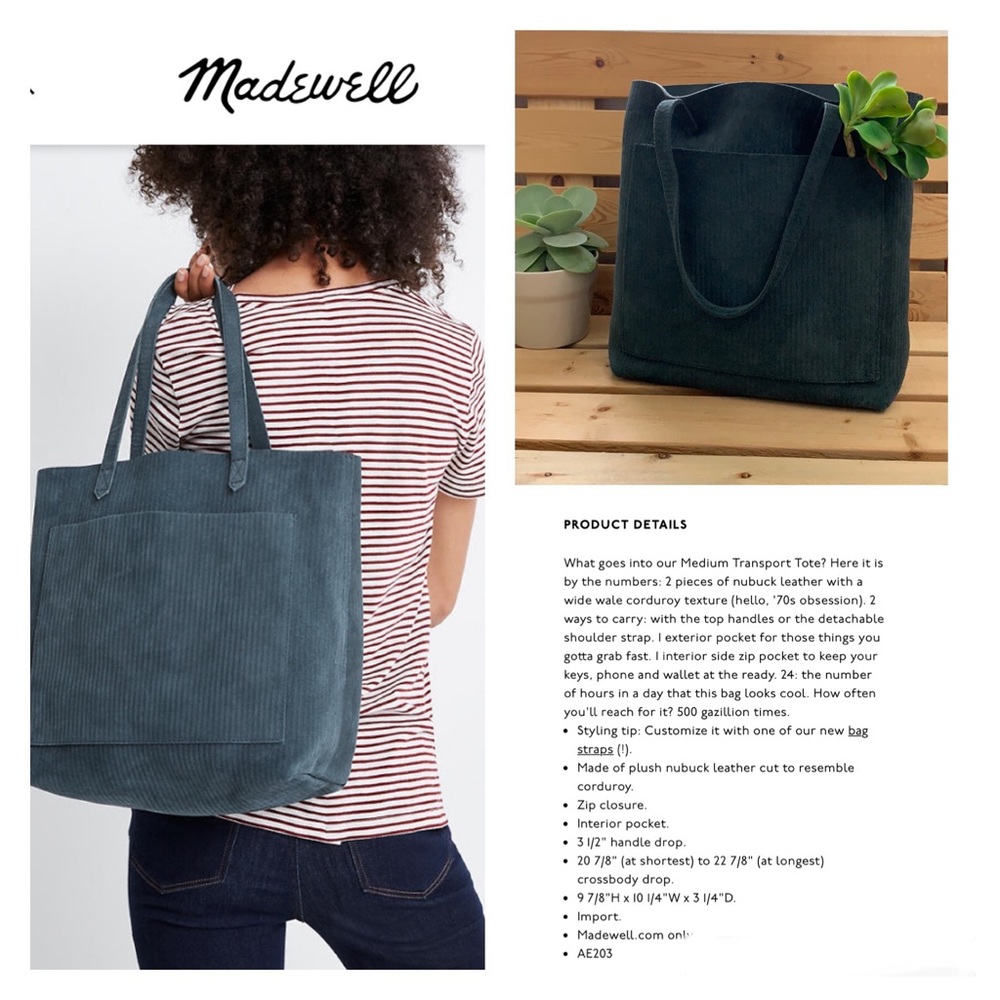 Madewell Medium Transport Tote Corduroy Suede